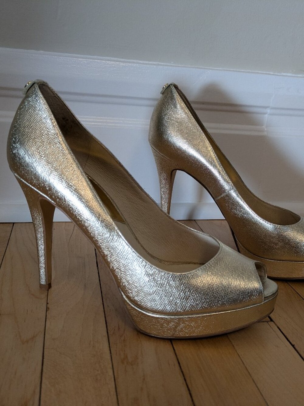 Michael Kors Metallic Gold Peep Toe Heels | Size 8.5